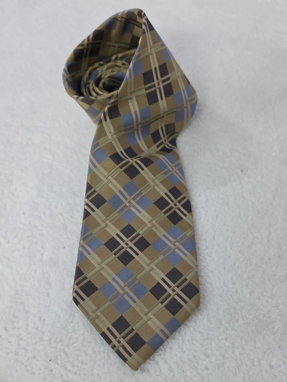 Van Heusen Silk Tie Tan Blue Windowpane Check Pattern